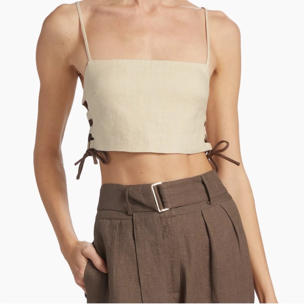 Hevron Luisa Cream Lace-Up Linen-Blend Crop Top with Spaghetti Straps